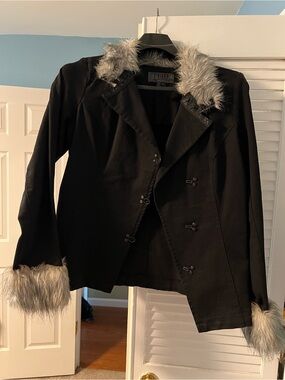 Tripp NYC Black Jacket with Gray Faux Fur Trim